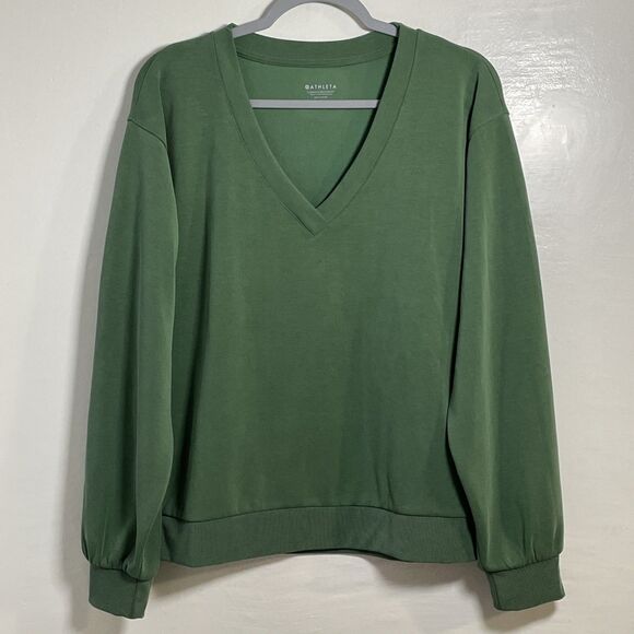 Athleta V-Neck Pullover Sweatshirt Women Green Long Sleeves Size Medium - Picture 2 of 9